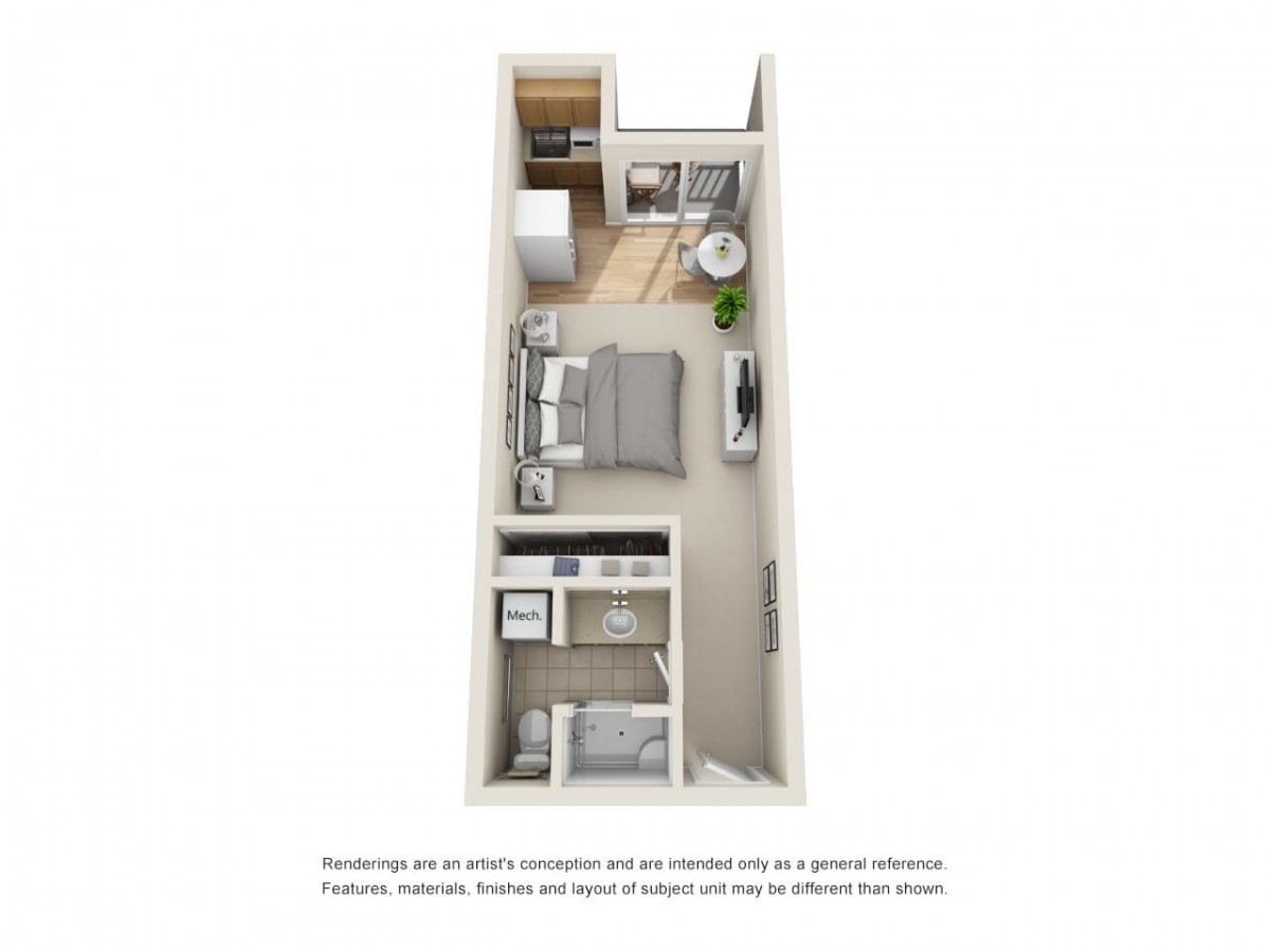 A 3D floor plan of a compact one-bedroom apartment featuring a bedroom, bathroom, kitchen, and living area.
