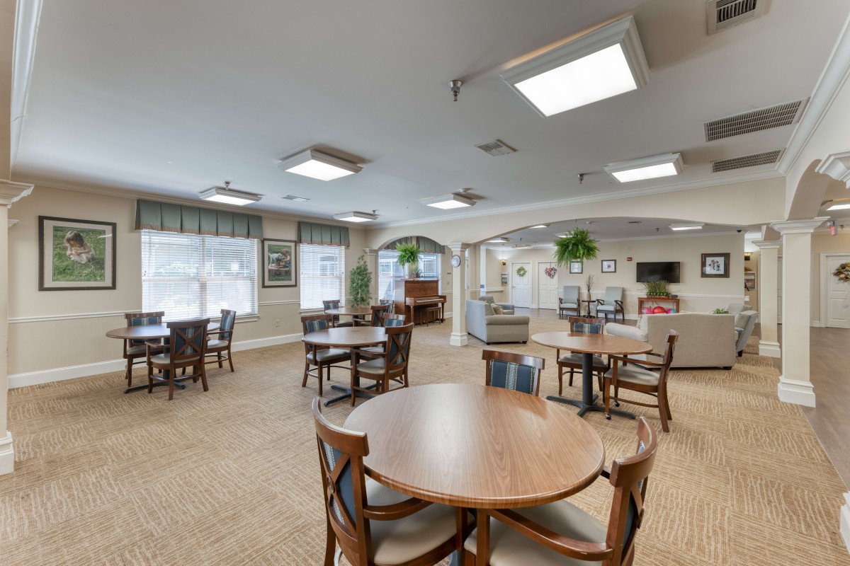 A well-lit dining area with multiple tables and chairs, decorated with plants and featuring ample natural light.