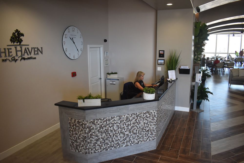 A modern reception area with a stylish desk and decorative plants.
