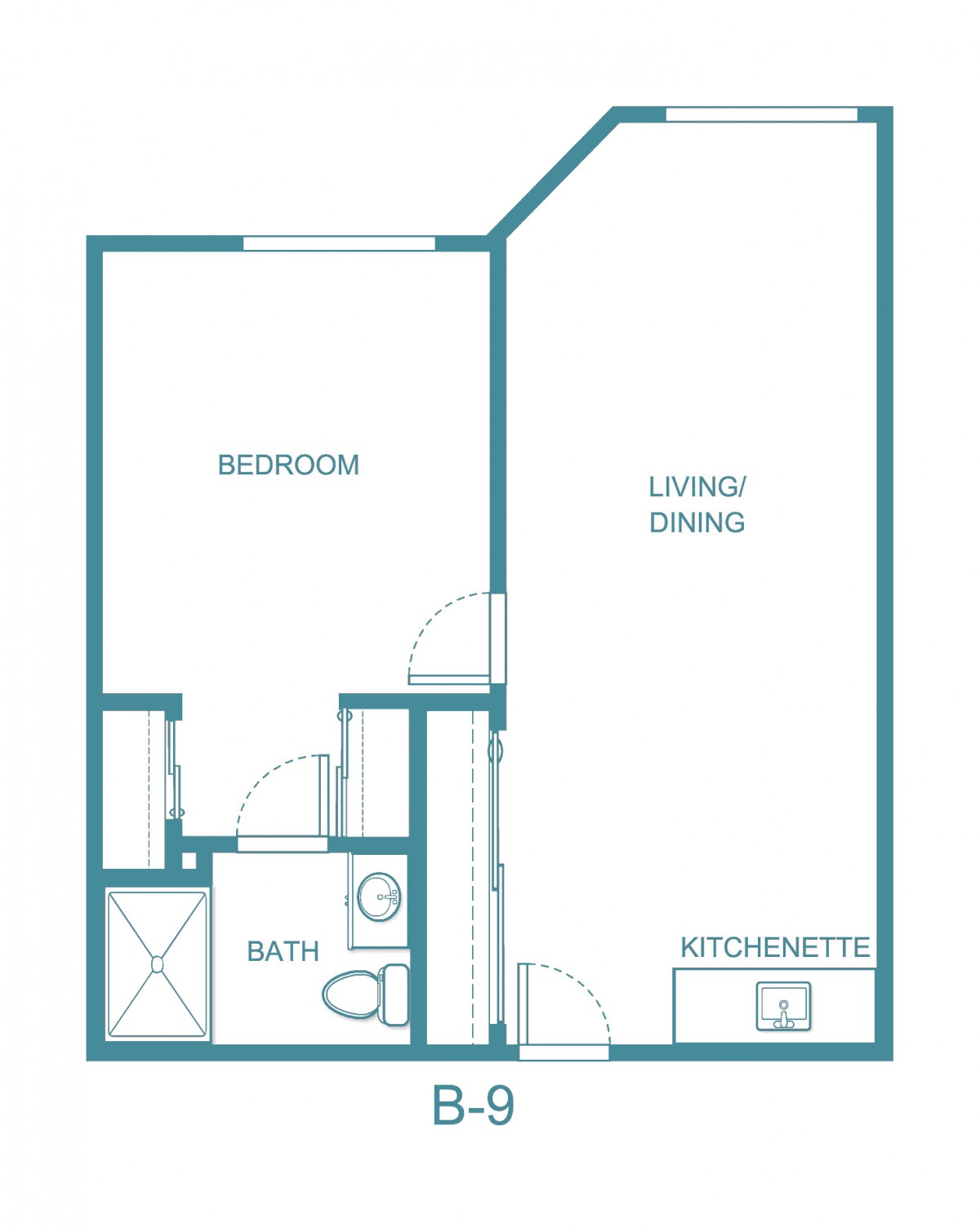 A floor plan of a small apartment featuring a bedroom, bath, living/dining area, and kitchenette.