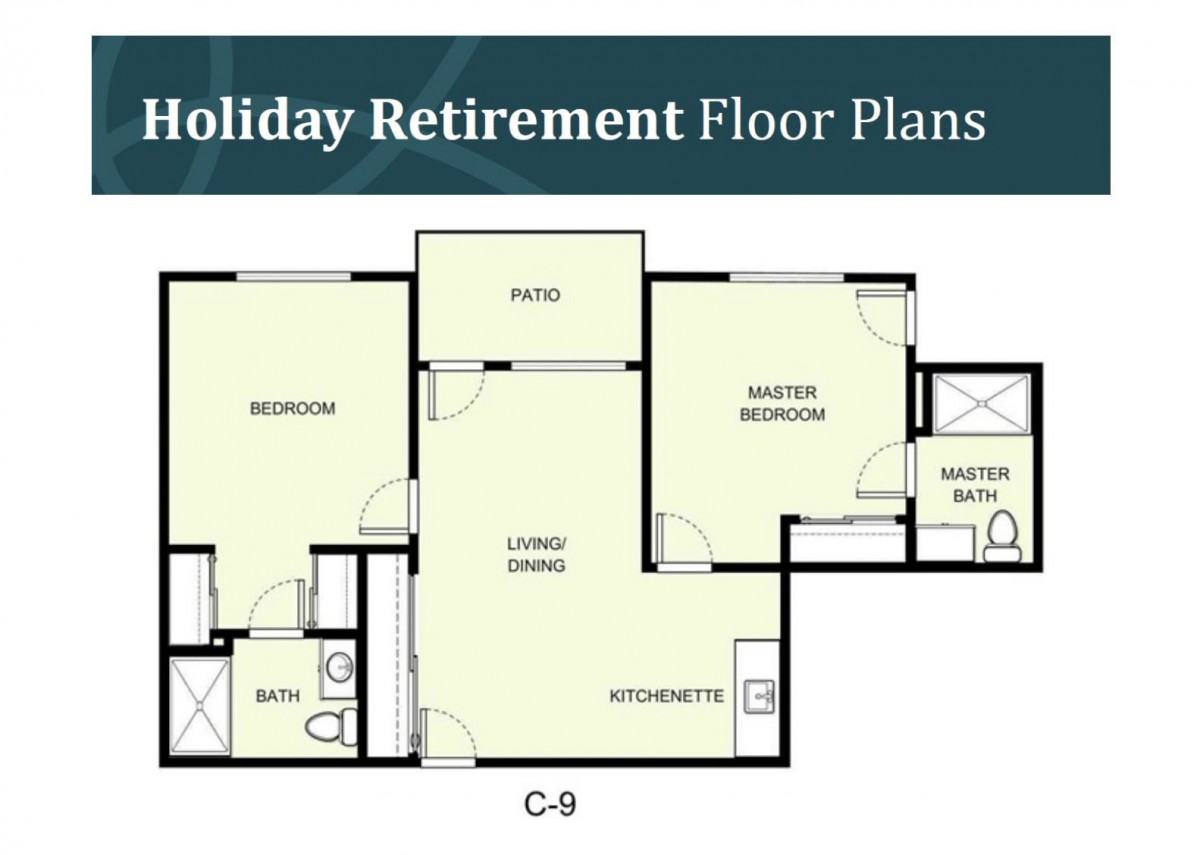 A floor plan for a retirement apartment featuring two bedrooms, two baths, a kitchen, living/dining area, and a patio.