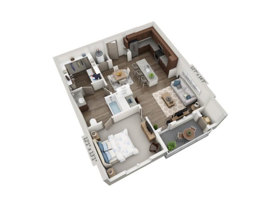 3D floor plan of a modern apartment with an open living area, kitchen, bedroom, and bathroom.