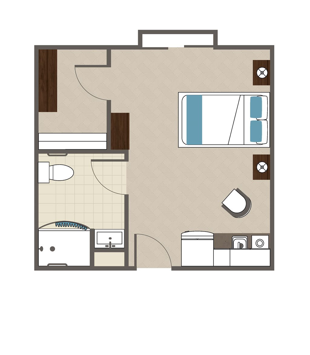 A simple floor plan of a one-bedroom apartment, featuring a bathroom, kitchen, and living area.