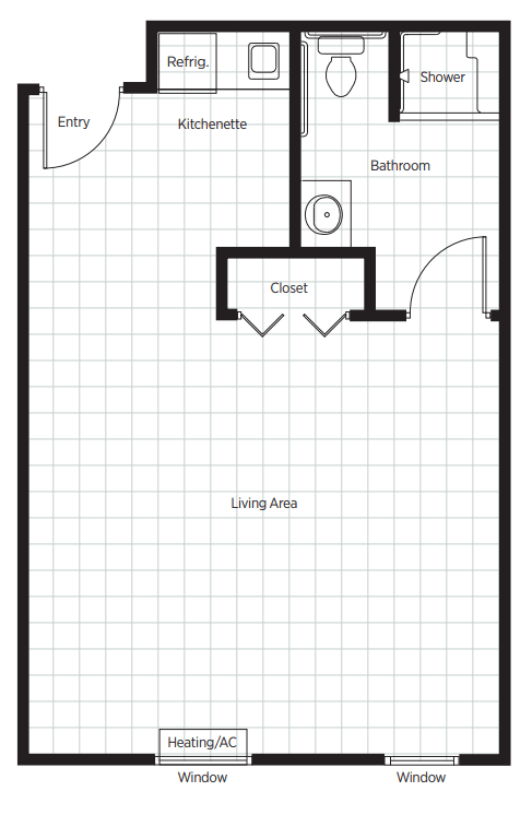 A simple floor plan of an apartment with a living area, bathroom, and closet.