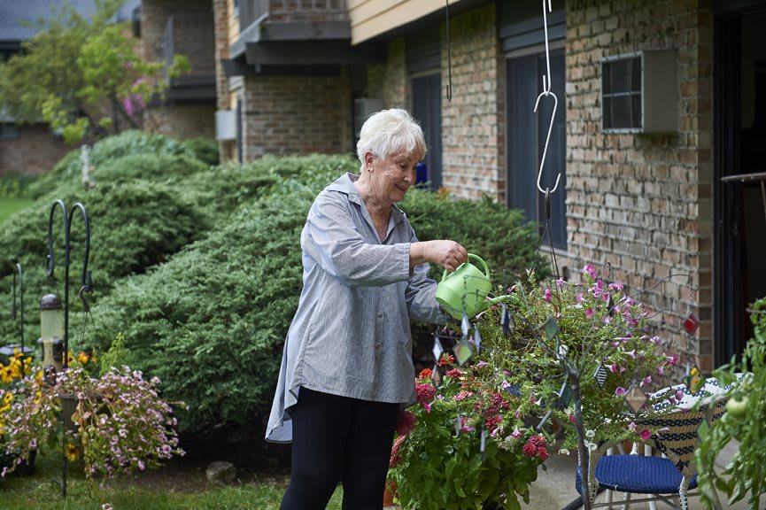 A woman watering plants in a garden setting.