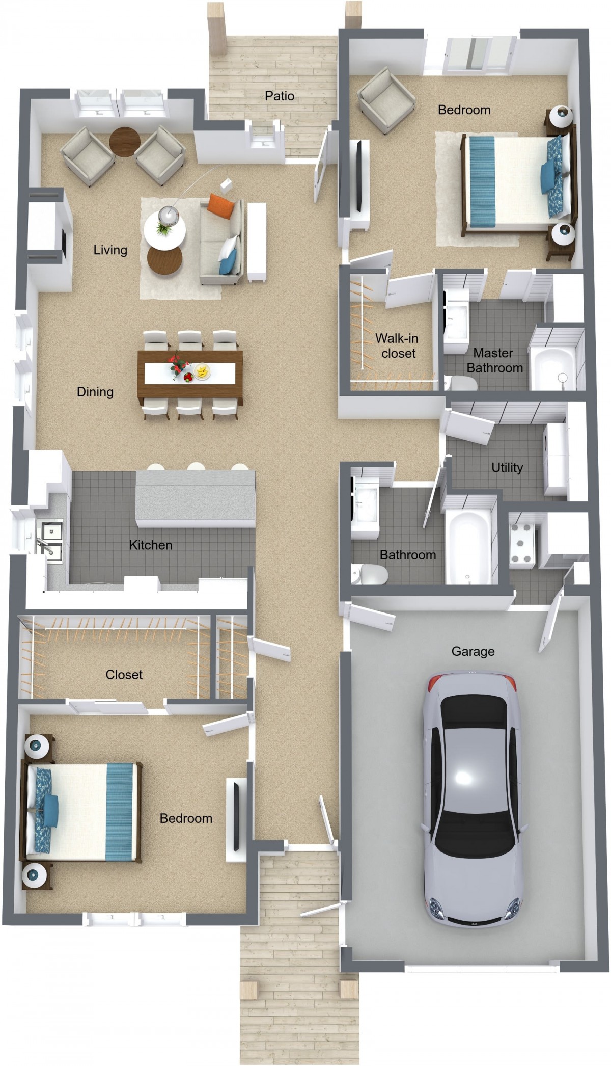 3D floor plan of a modern single-story home with multiple rooms and a garage.