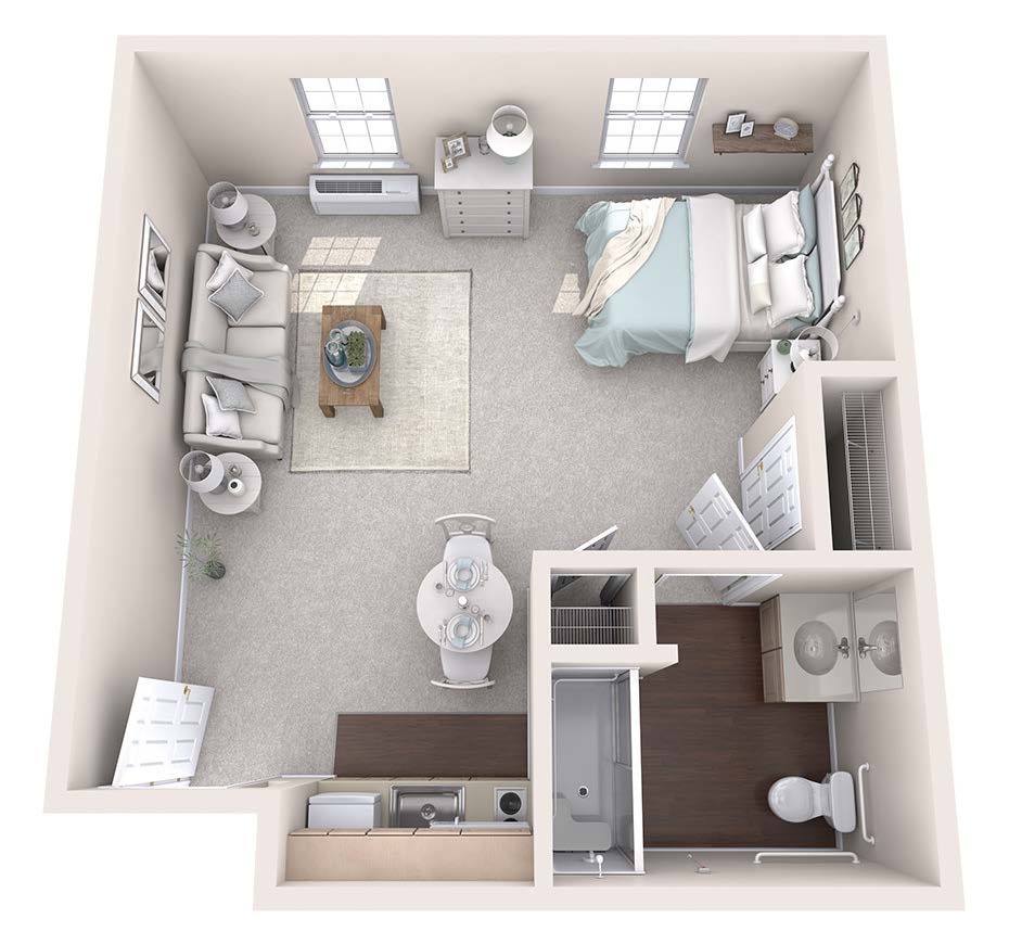 A 3D floor plan of a studio apartment, featuring a living area, bedroom, kitchen, and bathroom.