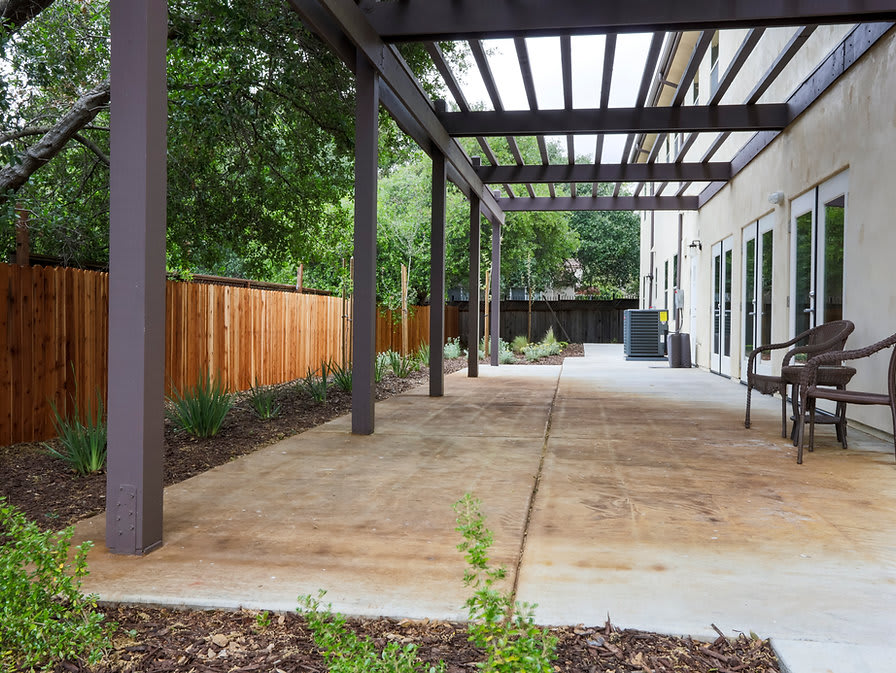 A modern backyard patio featuring a pergola and wooden fencing, surrounded by landscaped garden beds.