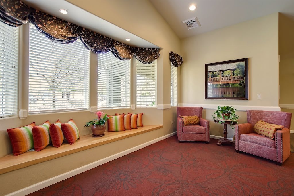 A cozy living room with a window seat adorned with colorful cushions, two armchairs, and decorative plants.