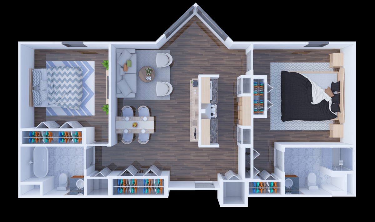 A 3D rendered floor plan showcasing a modern home interior layout.