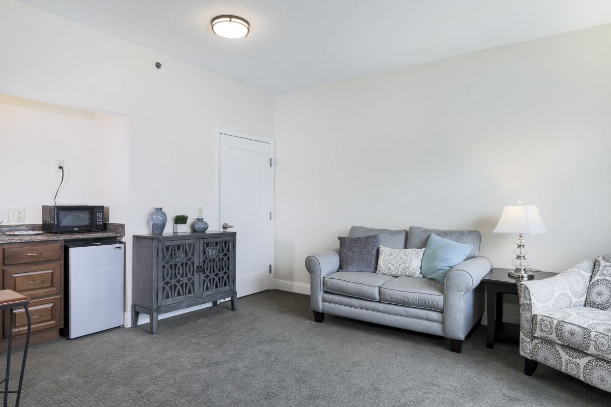 A cozy living room with a gray sofa and decorative elements.