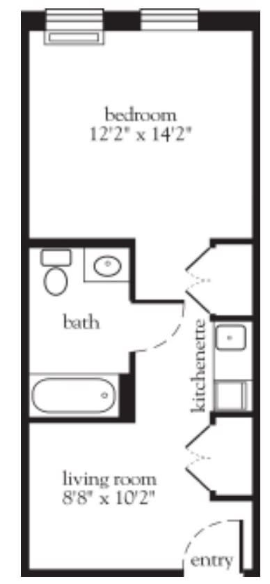 A simple floor plan featuring a bathroom and a kitchenette.