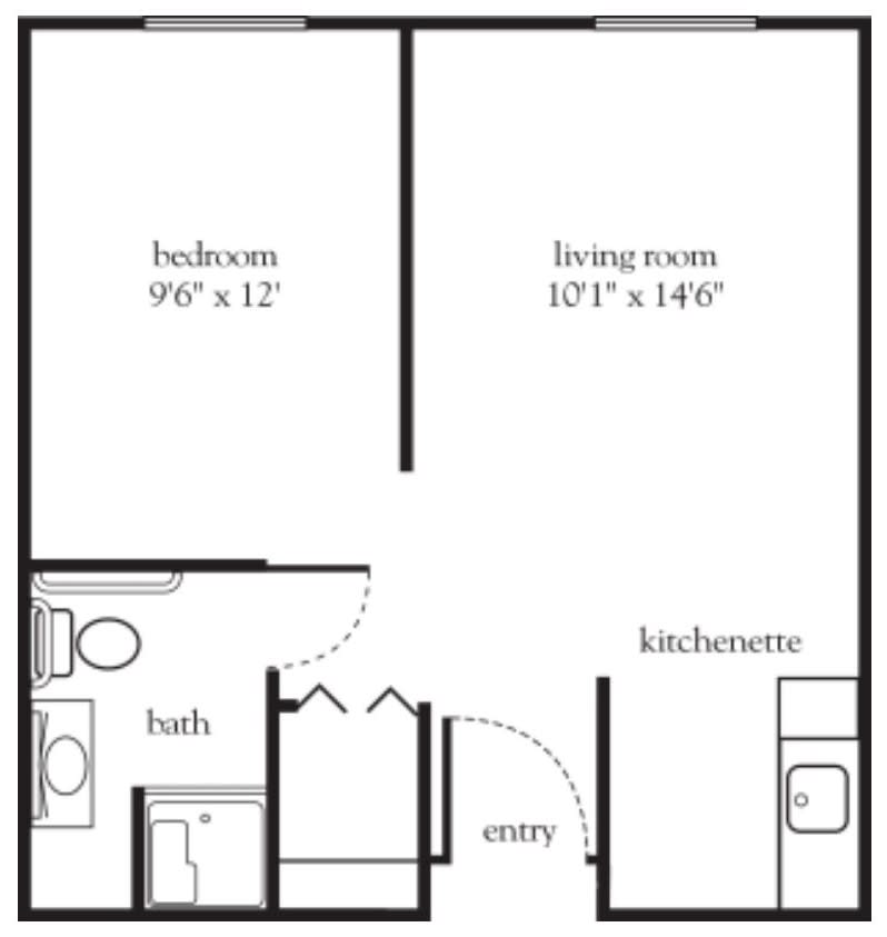 A floor plan showing a one-bedroom apartment with a bathroom, living room, kitchenette, and entryway.