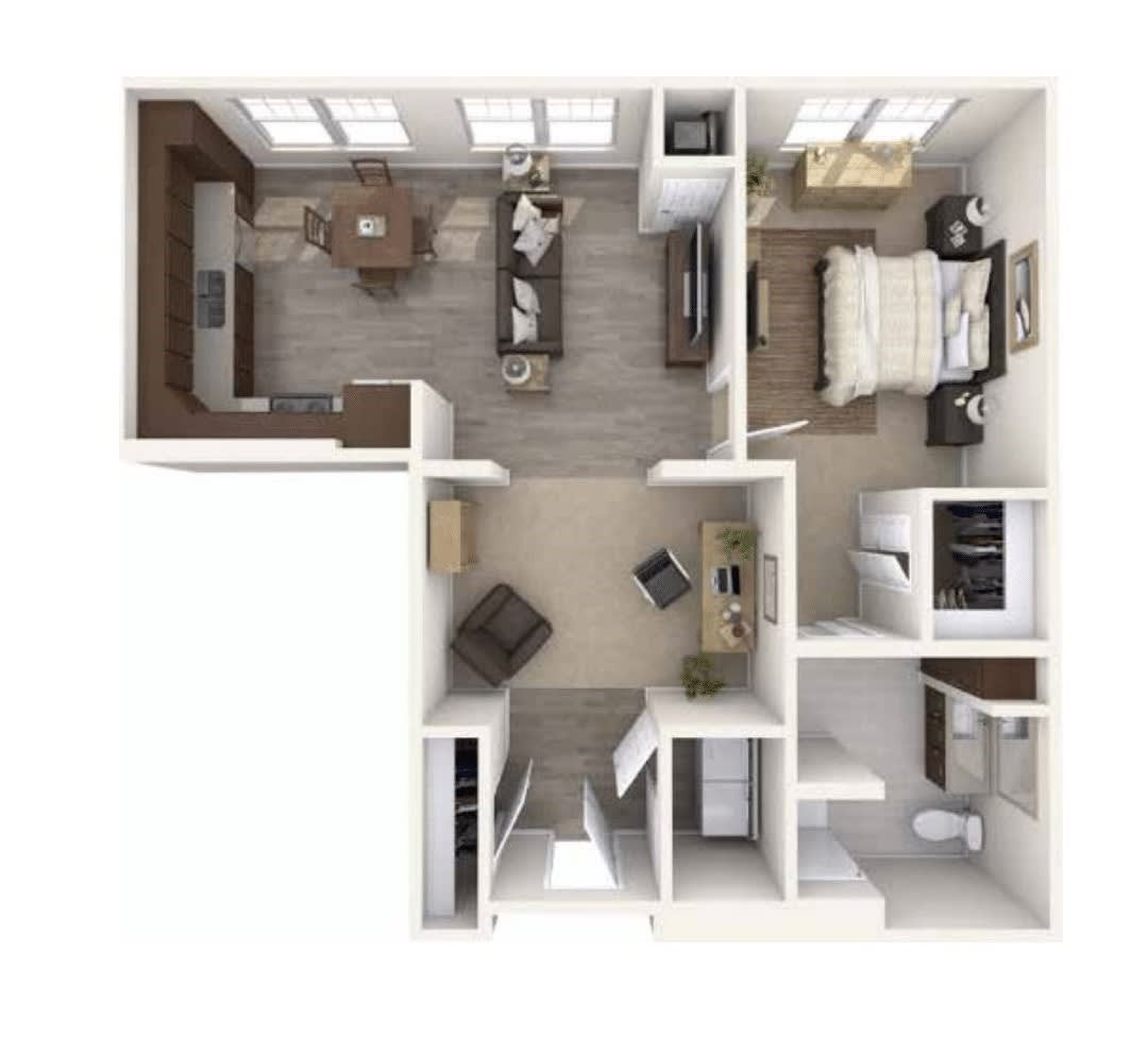A 3D rendered floor plan of a one-bedroom apartment with a living area, kitchen, and bathroom.