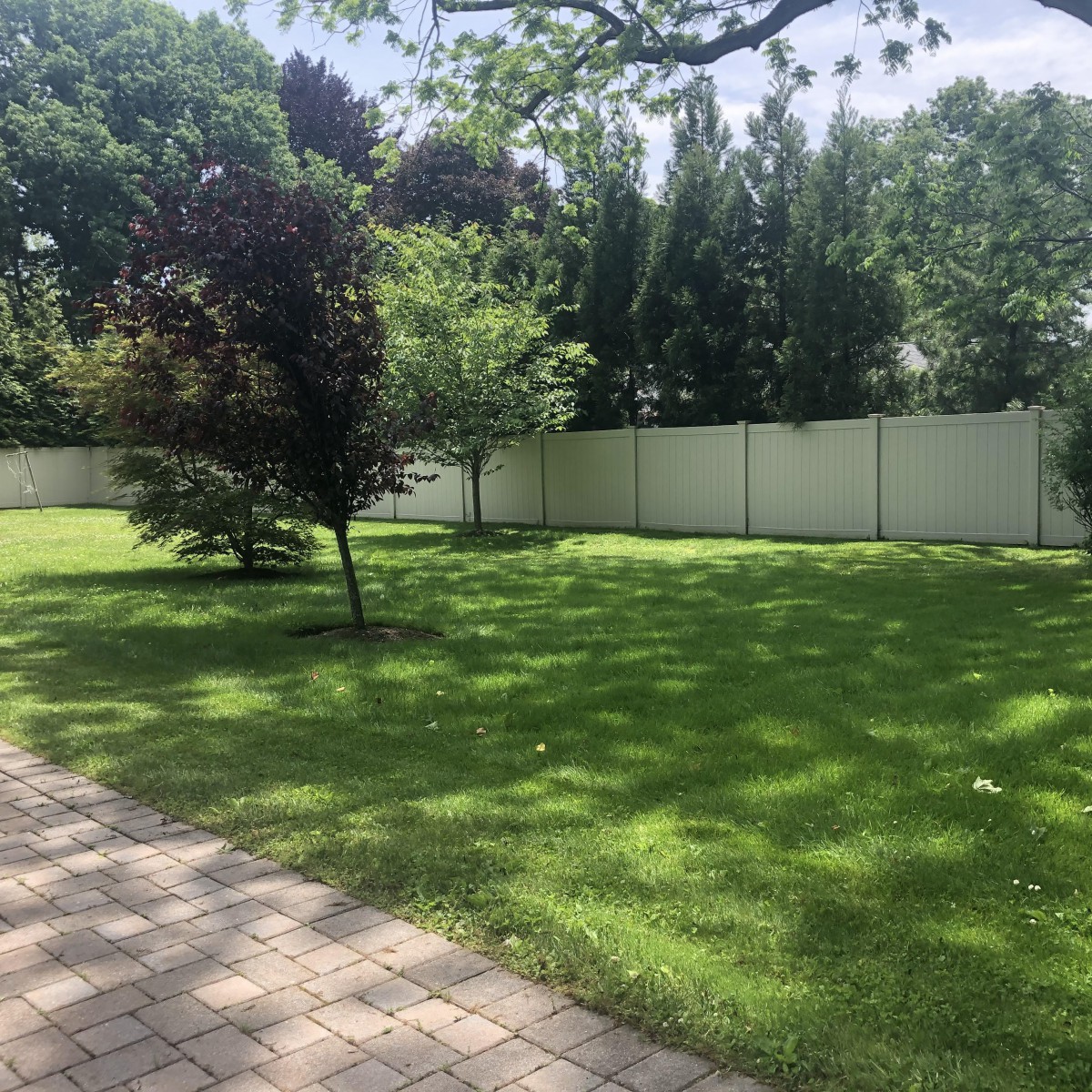 A sunny garden with a neatly mowed lawn, trees, and a pathway beside a white fence.