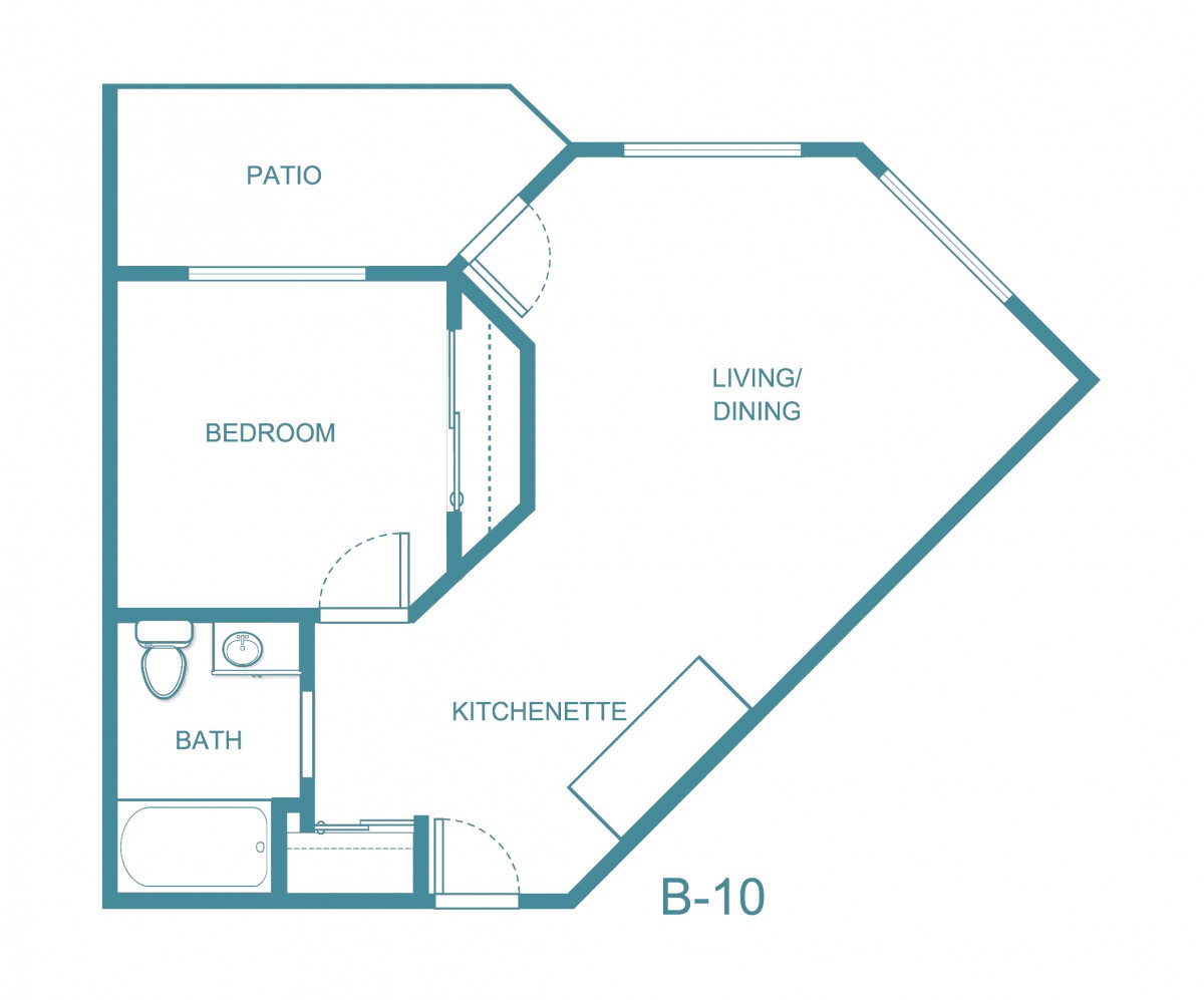 A floor plan of an apartment with labels for rooms such as living space, bedroom, bath, kitchen, and patio.