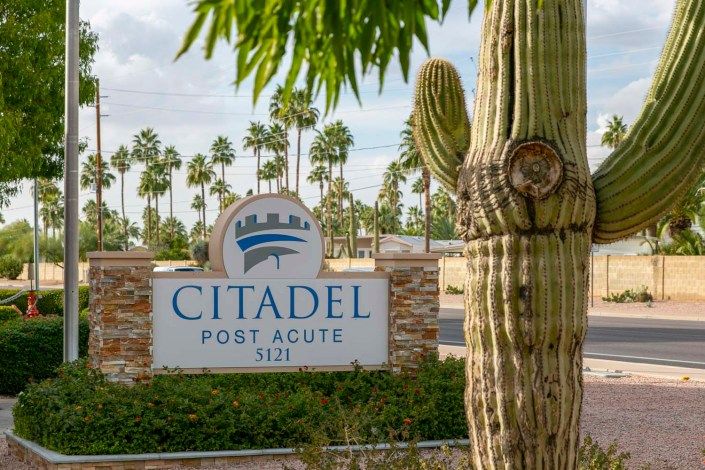Entrance sign for Citadel Post Acute surrounded by palm trees and a cactus.