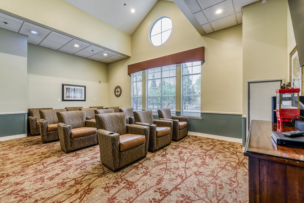 A cozy theater room with armchairs arranged in rows, featuring a large window and patterned carpet.