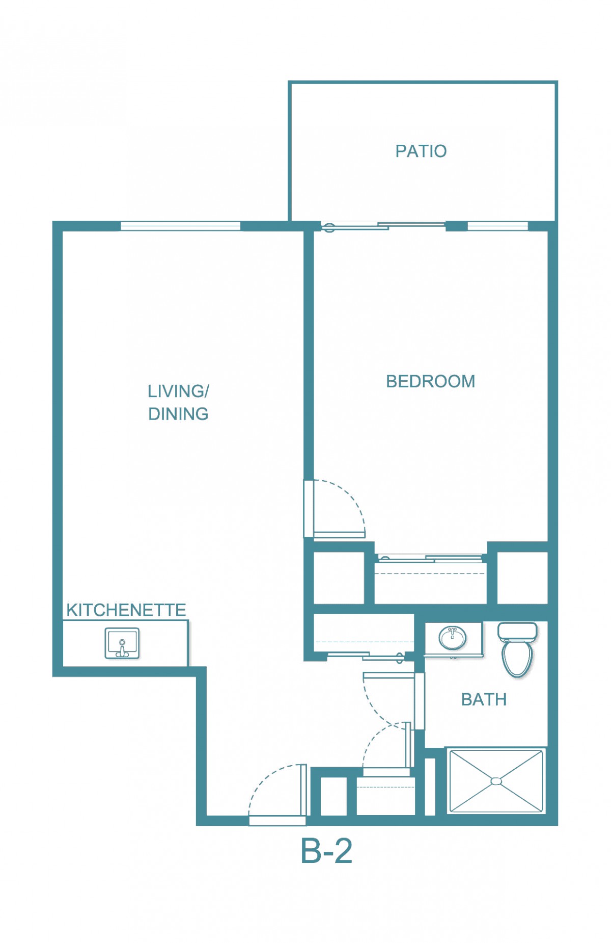 A floor plan of a one-bedroom apartment featuring a living room, kitchen, and bathroom.
