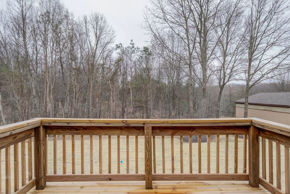 A winter view from a wooden deck overlooking bare trees and a cloudy sky.