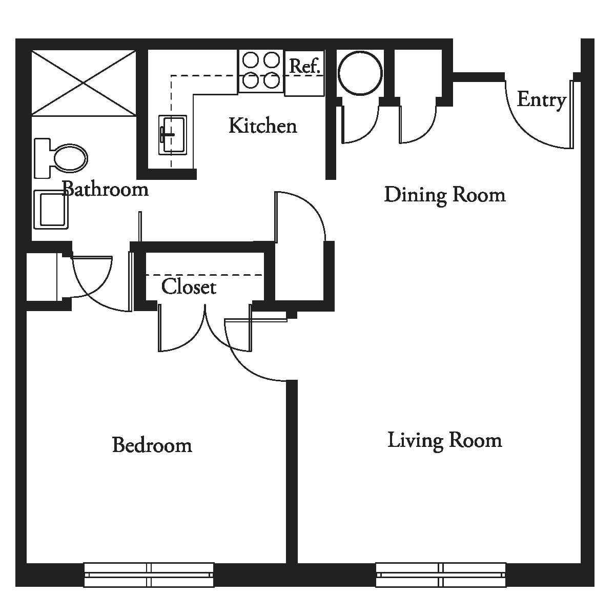 A floor plan illustrating a one-bedroom apartment with a living room, kitchen, bathroom, dining room, and closet.