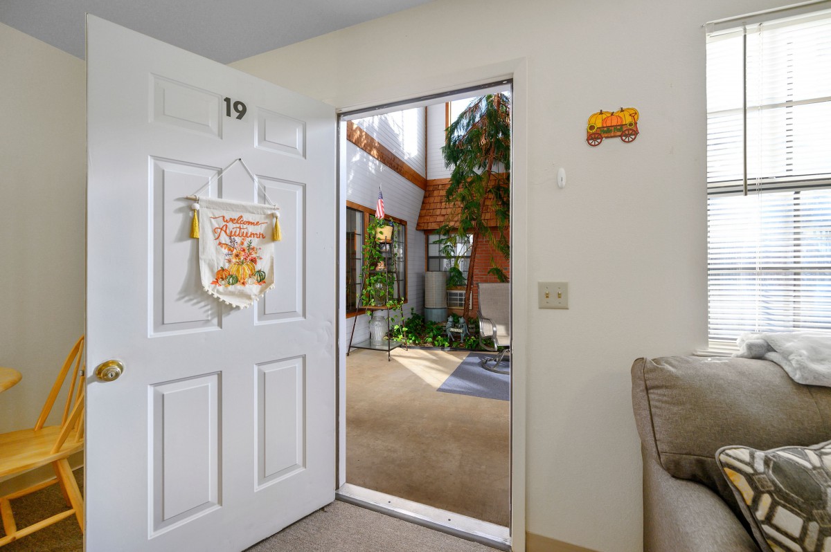 An open door reveals a sunlit indoor space with plants.