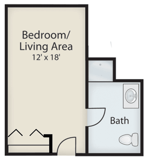 A floor plan of a studio apartment with a combined bedroom and living area measuring 12 feet by 18 feet, and an adjacent bathroom.