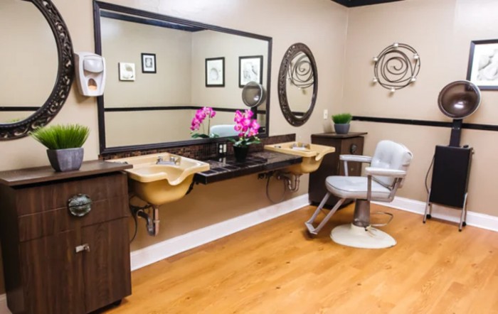 A modern salon interior featuring styling stations with mirrors, a barber chair, and decorative elements.