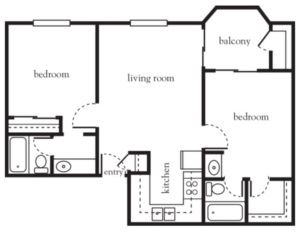 A floor plan of a two-bedroom apartment featuring a living room, kitchen, bathroom, and balcony.