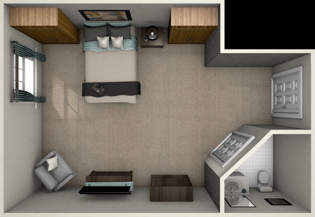Top view of a well-organized bedroom floor plan featuring a bed, nightstands, and various furniture.