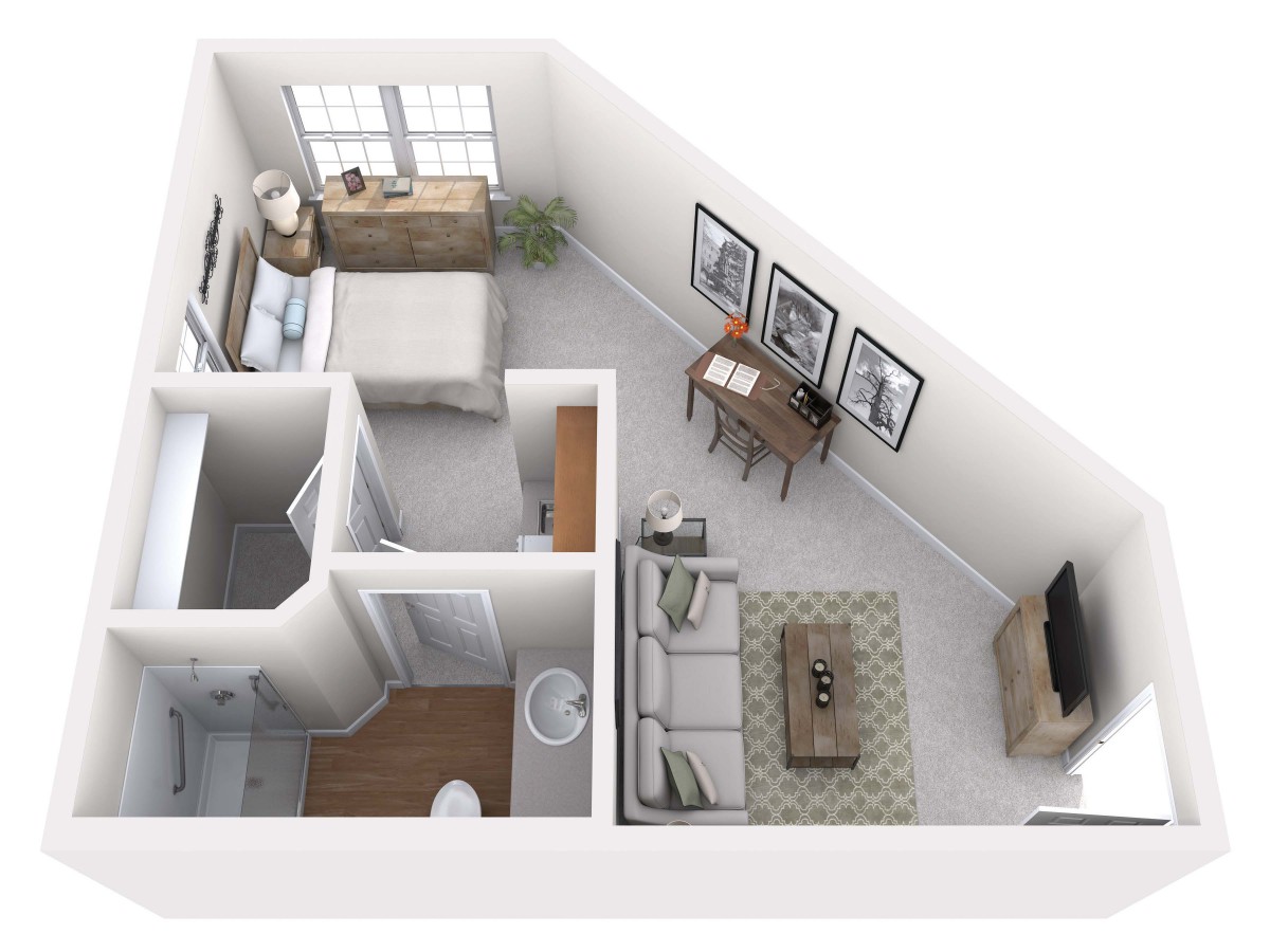 A 3D floor plan of a small one-bedroom apartment, showcasing the layout and furniture arrangement.