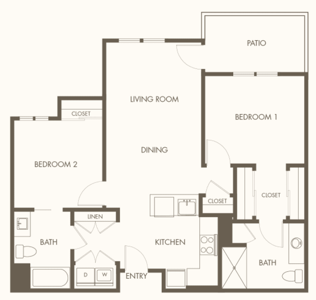 A floor plan of a two-bedroom apartment layout with designated spaces for the kitchen, dining area, living room, and bathrooms.