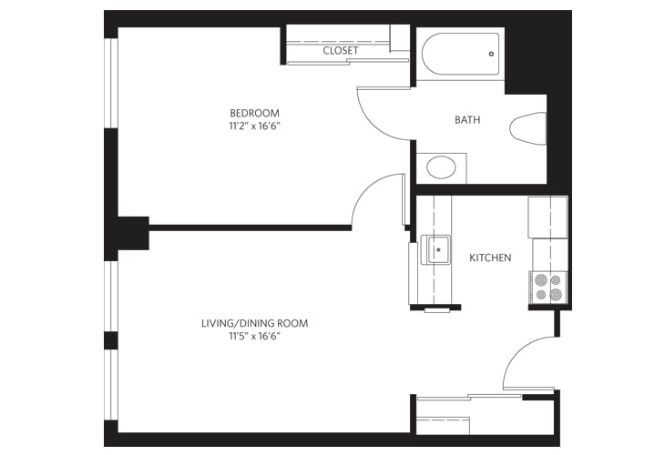 A floor plan of a small apartment featuring a bedroom, bathroom, kitchen, and living/dining room.