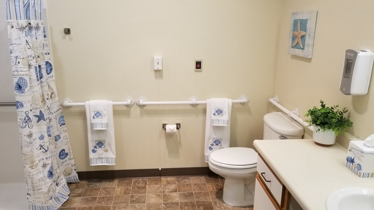 An accessible bathroom with a toilet, sink, and handrails.