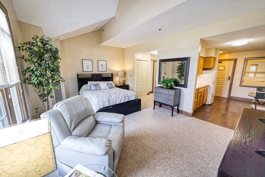A cozy and spacious bedroom with a bed, armchair, and decorative plants.
