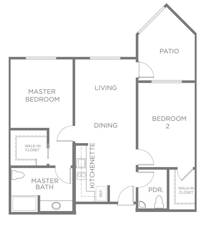 A floor plan showing a two-bedroom apartment with a living room, kitchenette, dining area, master bedroom with a master bath, and a patio.