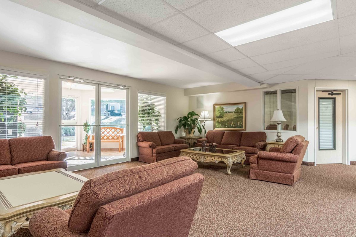A cozy living room with multiple sofas, a coffee table, and indoor plants.
