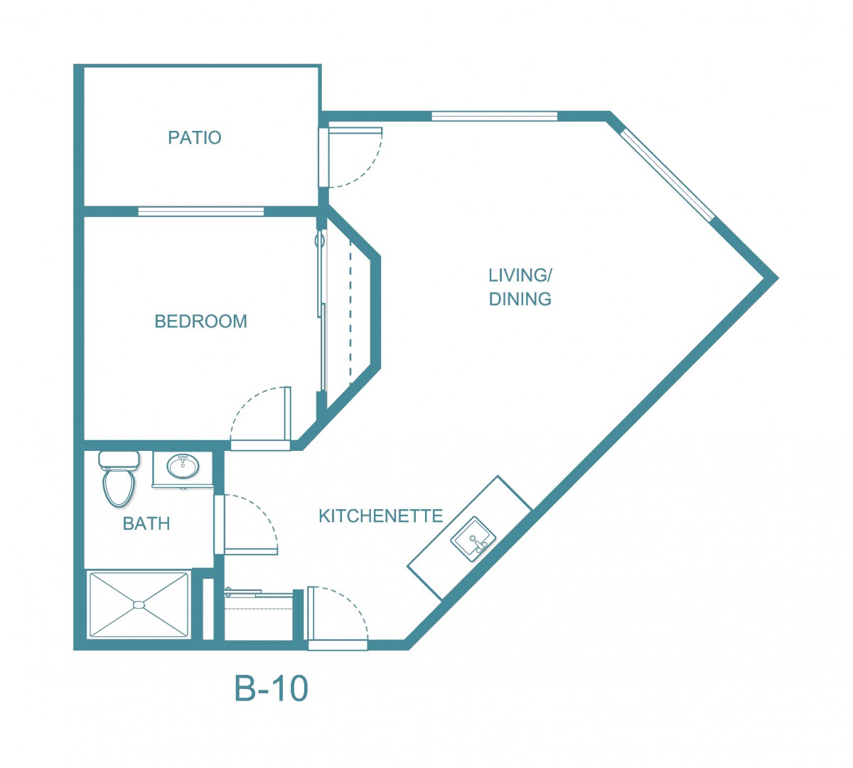 This is a floor plan for an apartment featuring a living area, kitchenette, bedroom, patio, and bathroom.
