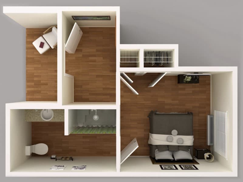 A 3D floor plan of a compact apartment featuring a bedroom, bathroom, and living area.