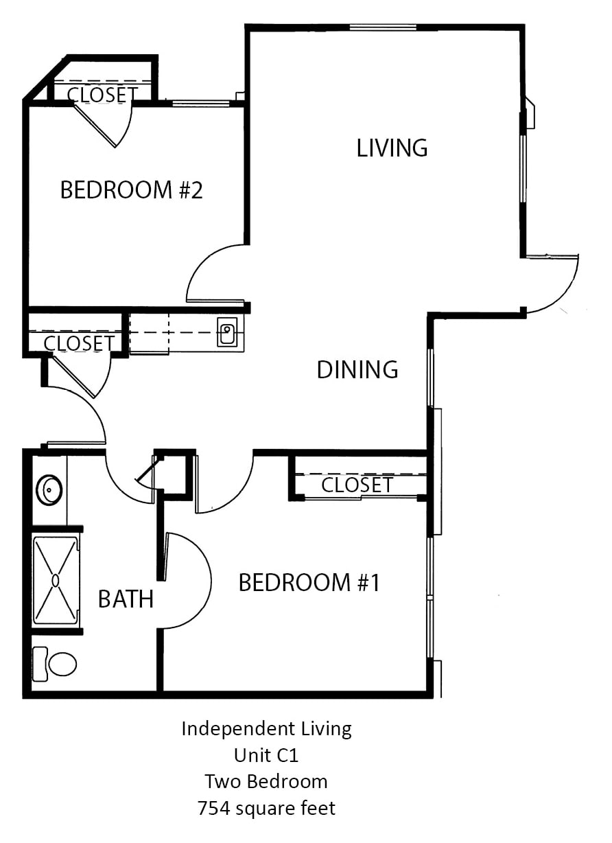 A floor plan showing a two-bedroom, one-bathroom apartment with living and dining areas.