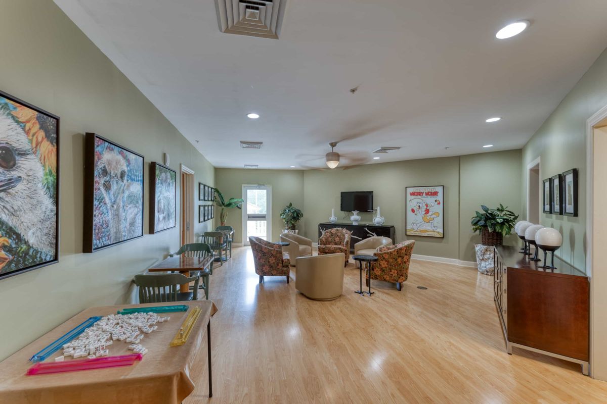 A cozy living room with comfortable seating and a television, adorned with artwork and indoor plants.