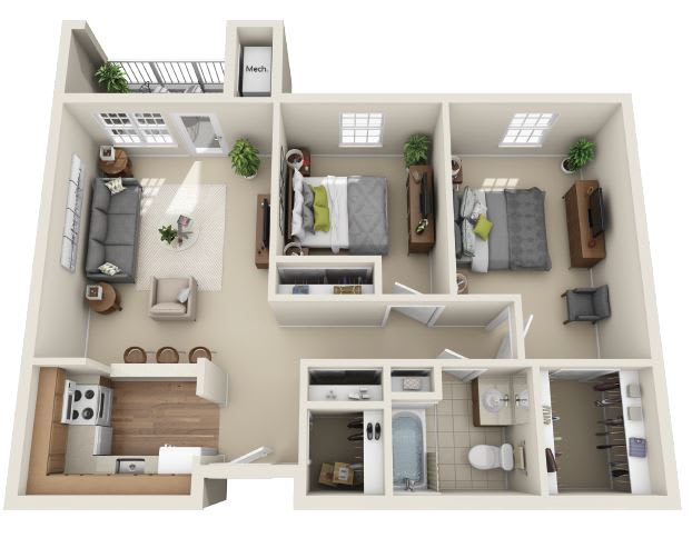 A 3D floor plan of an apartment with two bedrooms, a living room, kitchen, and bathroom.