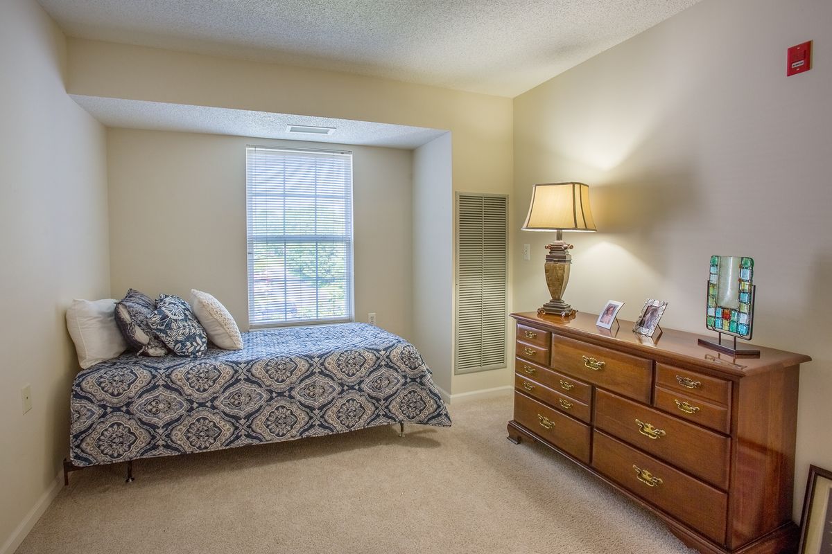 A cozy bedroom with a single bed, window, and wooden dresser topped with a lamp.