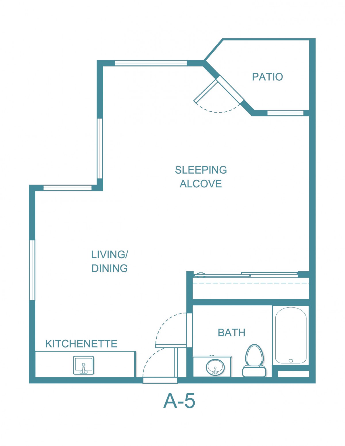 Studio apartment floor plan with a kitchenette, living area, sleeping alcove, bath, and patio.