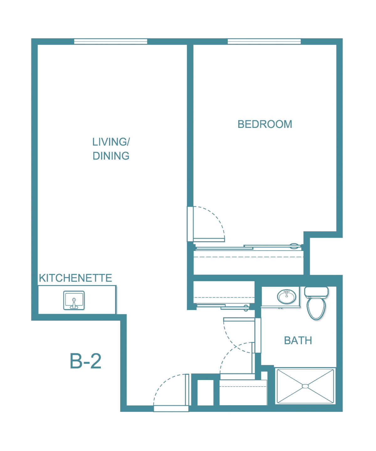 One-bedroom apartment floor plan with a kitchenette, living/dining area, and a bathroom.