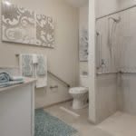 A modern bathroom featuring a shower, toilet, and stylish decor.