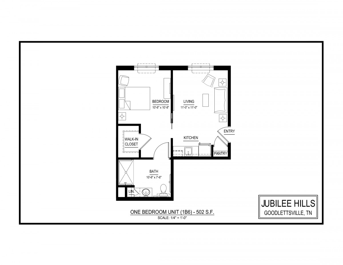 A floor plan of a one-bedroom apartment, showcasing the arrangement and dimensions of rooms within the unit.