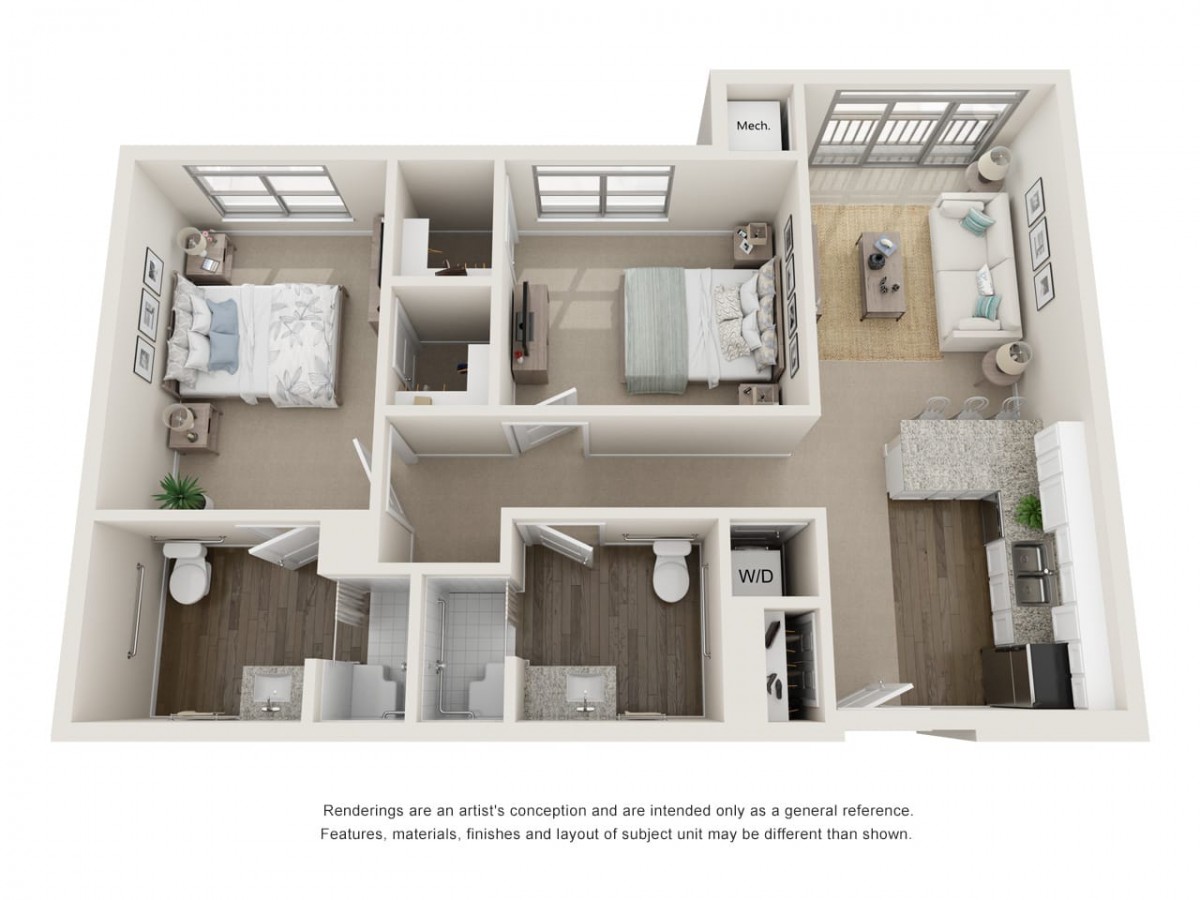 A 3D floor plan of an apartment featuring two bedrooms, a living room, and bathrooms.