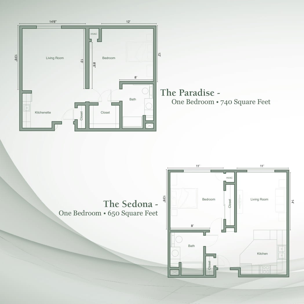 Floor plans for The Parador and The Sedona apartments.