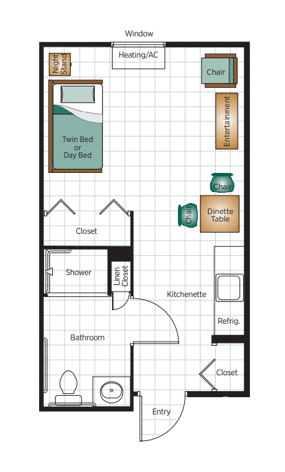 A compact studio apartment floor plan featuring a bed, closet, bathroom, kitchenette, and living area.